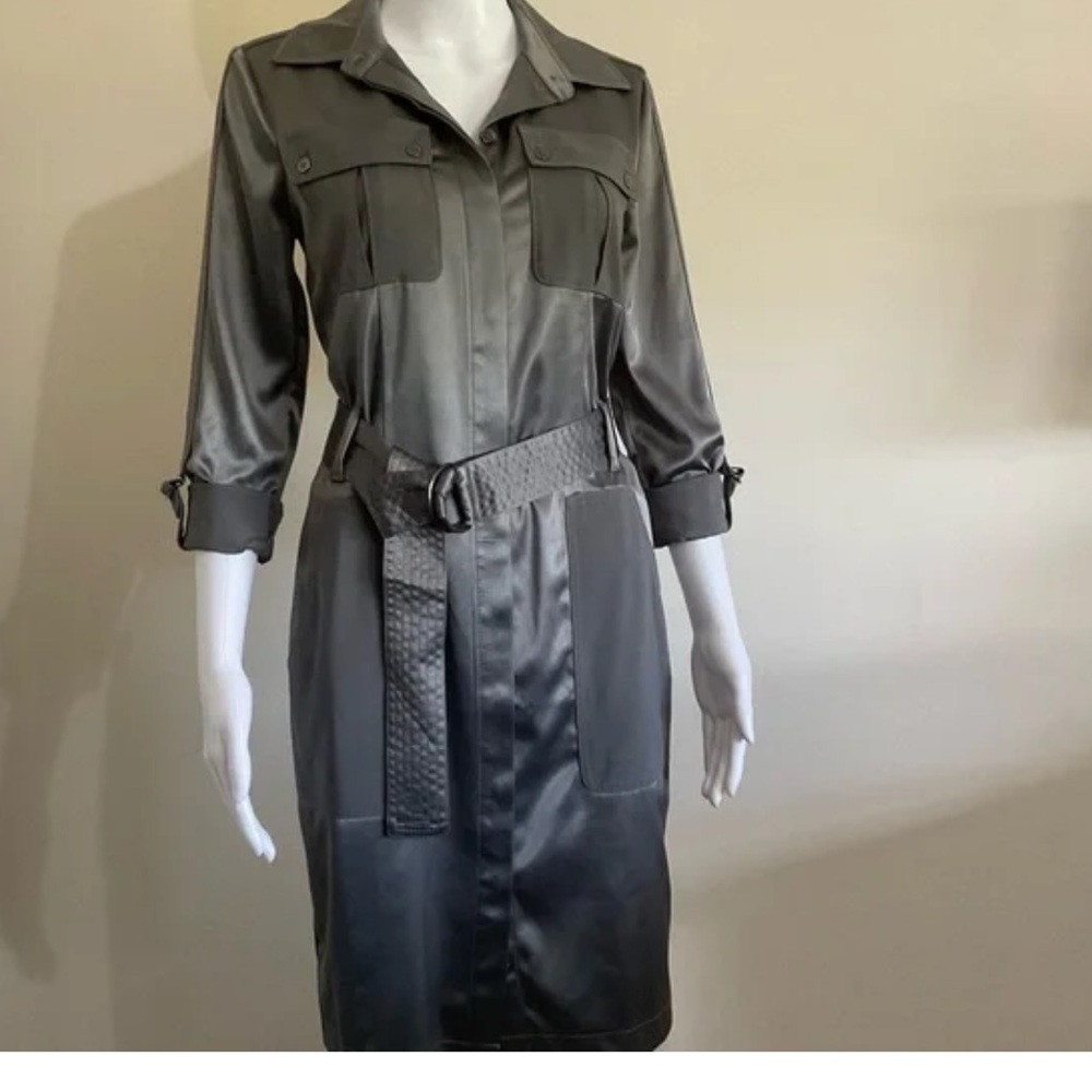 Beautiful WHBM Button-Up shirt dress, NWT, olive green satin, size 0